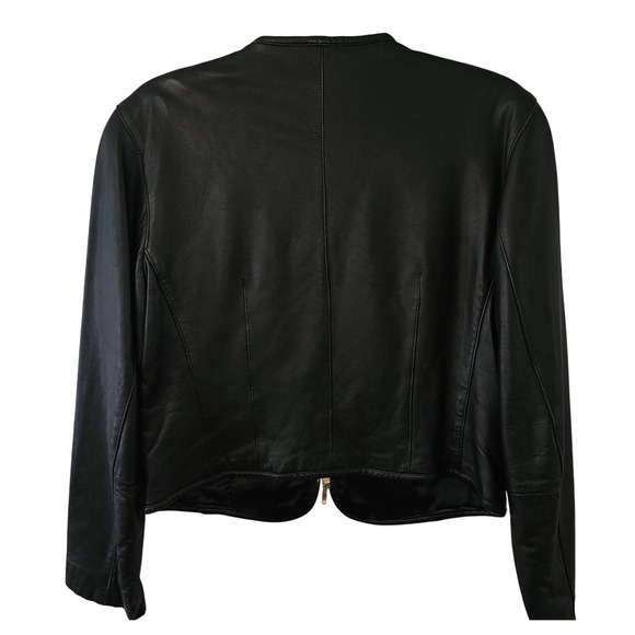 Lizwear Womens Black Leather Jacket Collarless Zip Front Gold Hardware Size M - Picture 2 of 11
